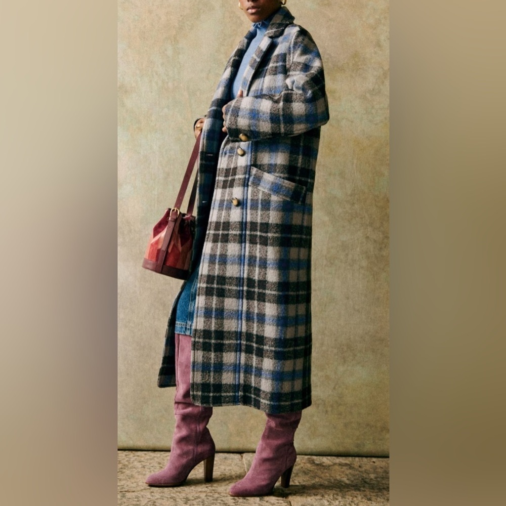 Sézane Viktor Long Wool Coat in Prairie Check NWT - Picture 4 of 11